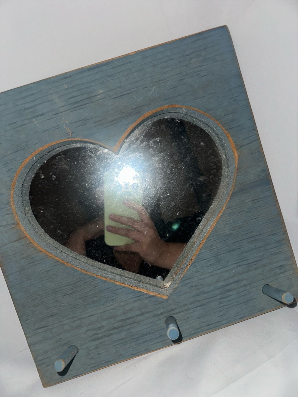 Vintage Blue Heart Mirror Wall Peg Rack Cottagecore Grannycore Decor